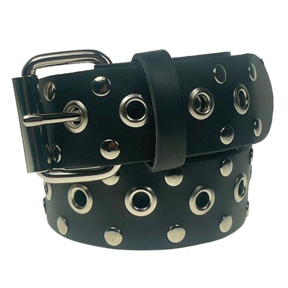 Bullet 69 Funky Punk - Middle Eyelet & Side Rivet Leather 38 mm Riem - Zwart/Zilverkleurig
